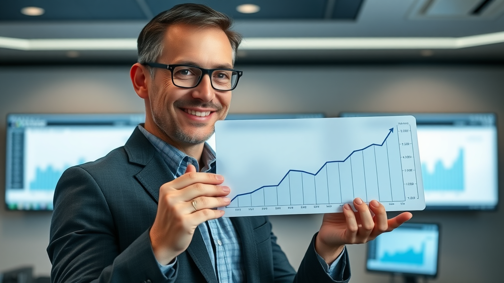 AI content optimization expert presenting line graph showing AI optimized content outperforming manual content in search results