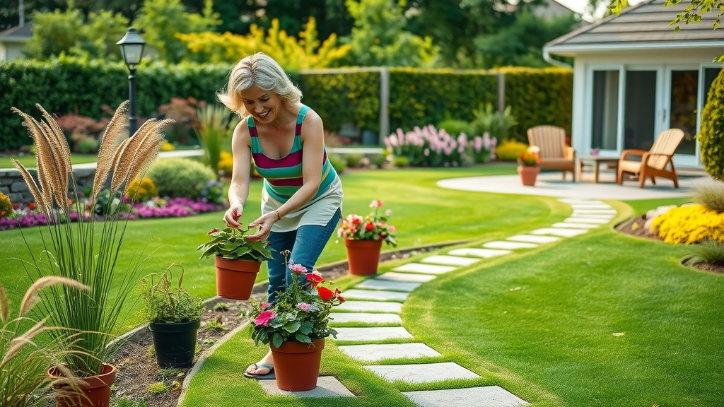 Lush backyard showcasing smart landscape design, colorful plants and curving pathways.