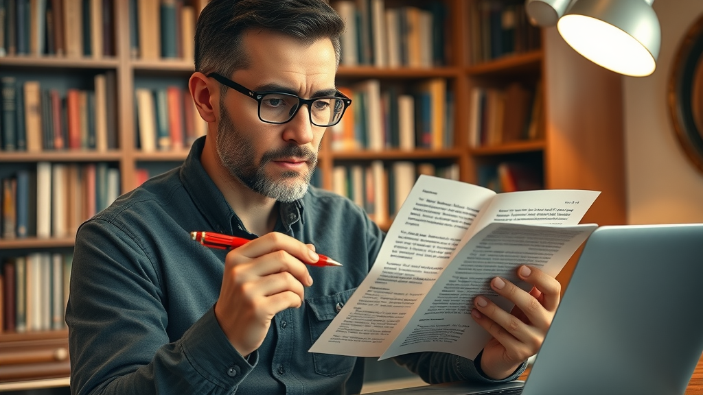 Professional editor reviewing AI-generated article for optimization improvements and human quality