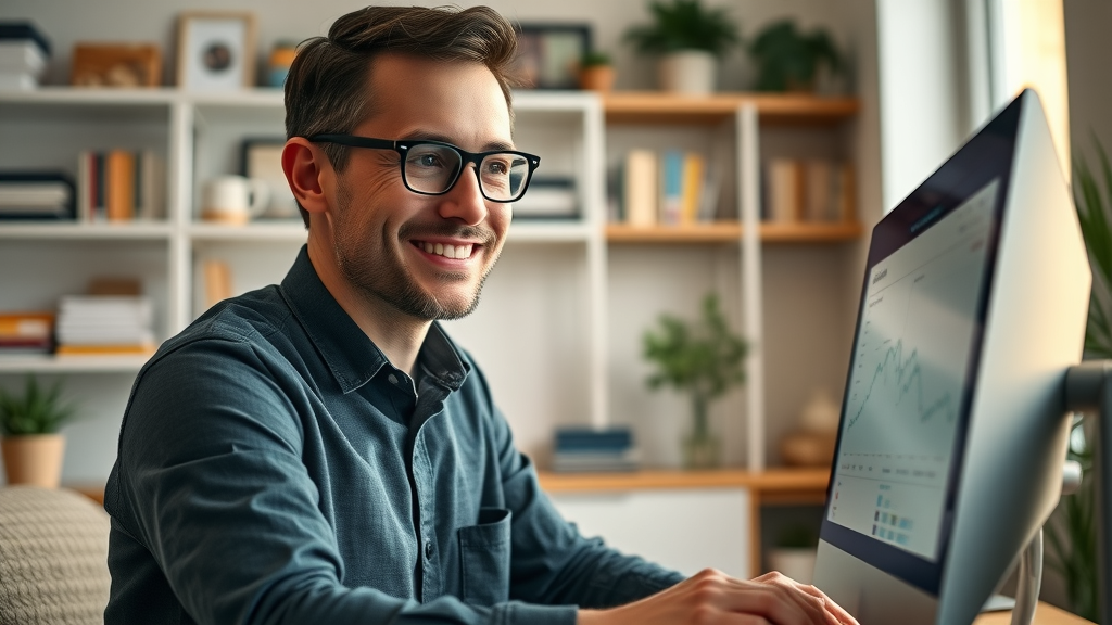 Entrepreneur reviewing digital marketing solutions for small business owners on campaign analytics in a home office