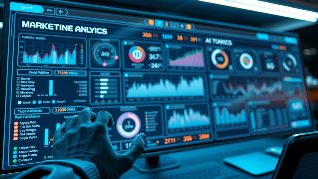 sleek AI software interface showing marketing analytics and workflow automation