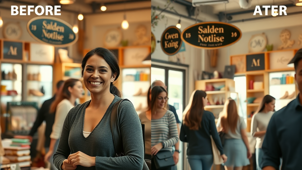 Small business success story after ai marketing consultant advice, busy store, satisfied owner, client engagement, retail business growth