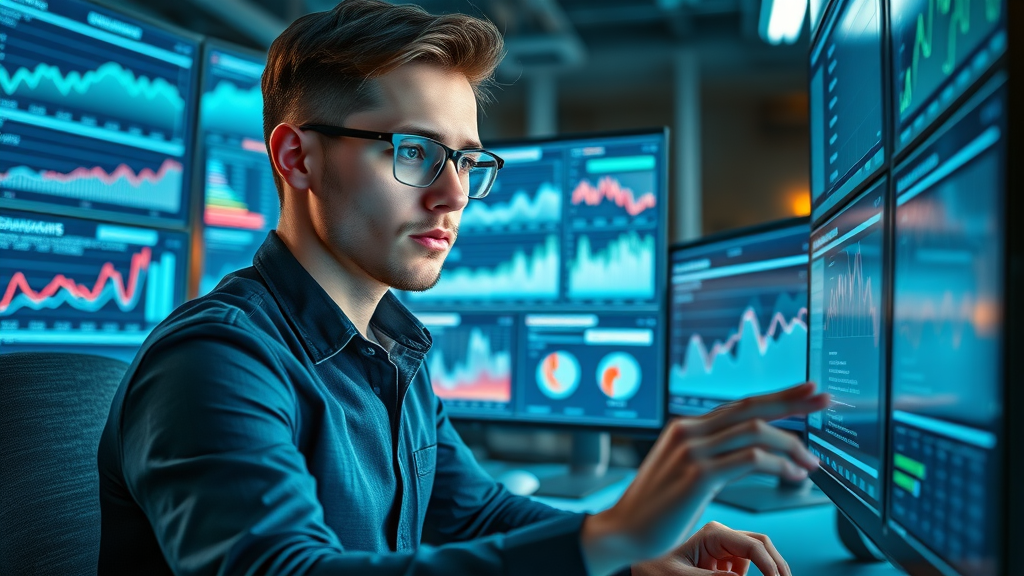 young professional analyzing digital marketing data and integrating content marketing skills with SEO and analytics on multiple screens