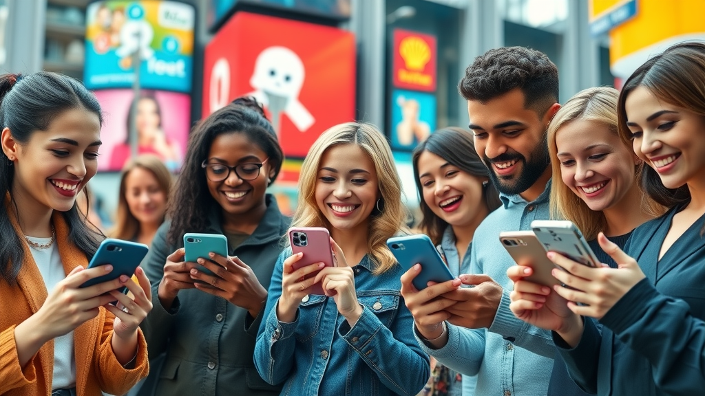 Diverse people engaging with social media feeds and brand content - social media content marketing, media market, content strategy