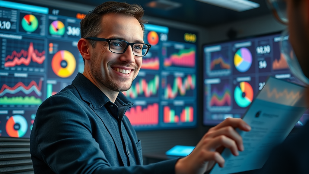 AI content marketing analytics dashboard, marketer analyzing colorful real-time graphs and insights
