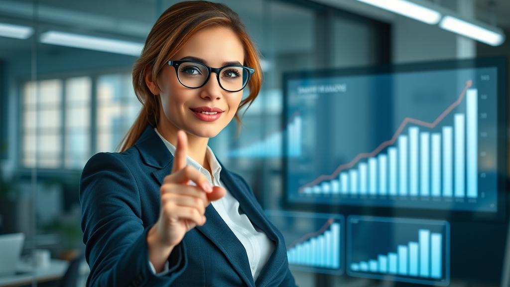 businesswoman pointing at growth digital marketing charts in modern office