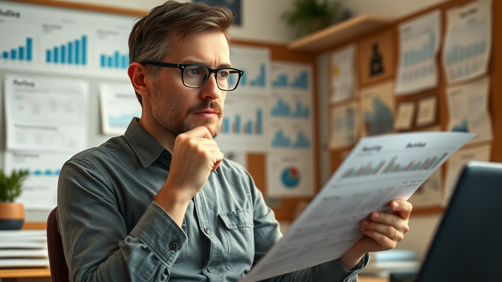 determined small business owner analyzing marketing results, local business advertising recap