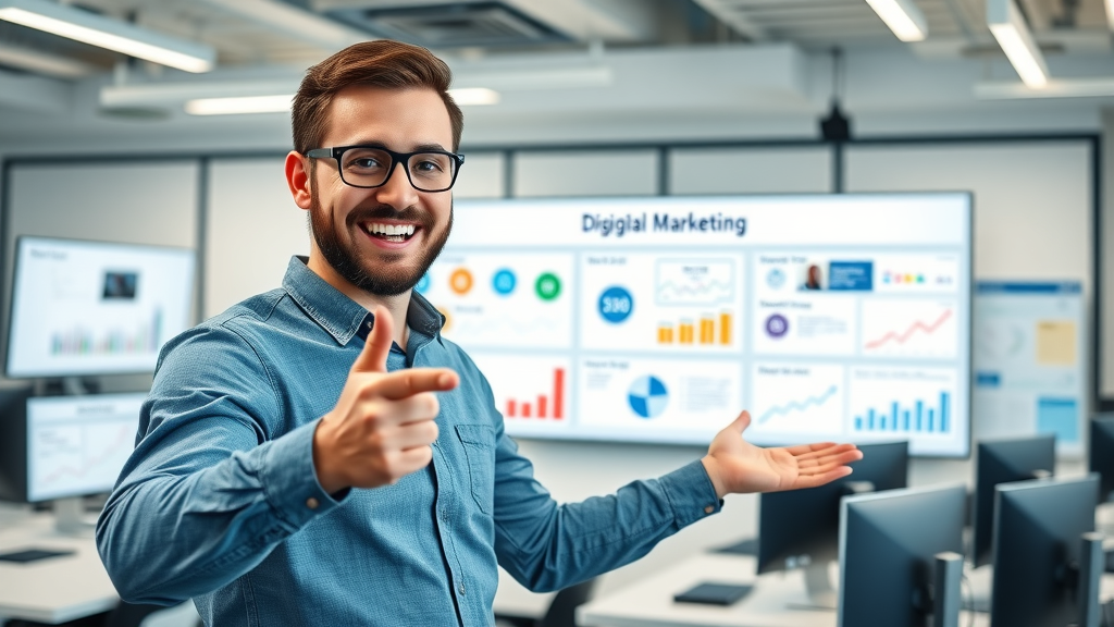 SEO content marketing strategy in a vibrant digital marketing workspace, marketer presenting a visual workflow