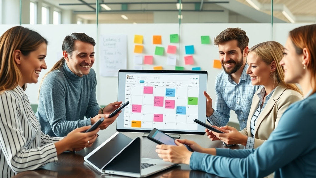 Marketing team collaborating over a digital content calendar for social platforms - content calendar, content plan, multiple social media platforms