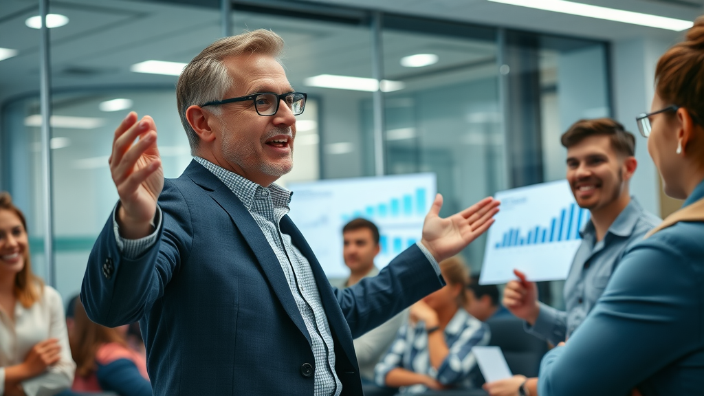 senior marketing consultant presenting digital charts, fractional cmo services, conference room