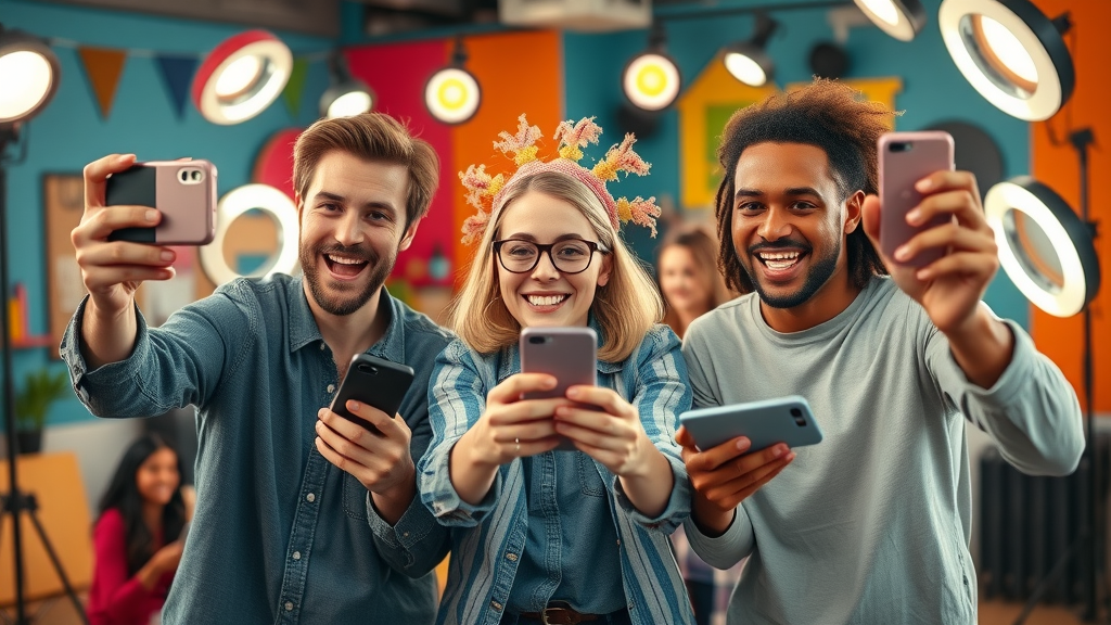 video content creators shooting YouTube Shorts, dynamic and colorful studio, future of content marketing trends in social media