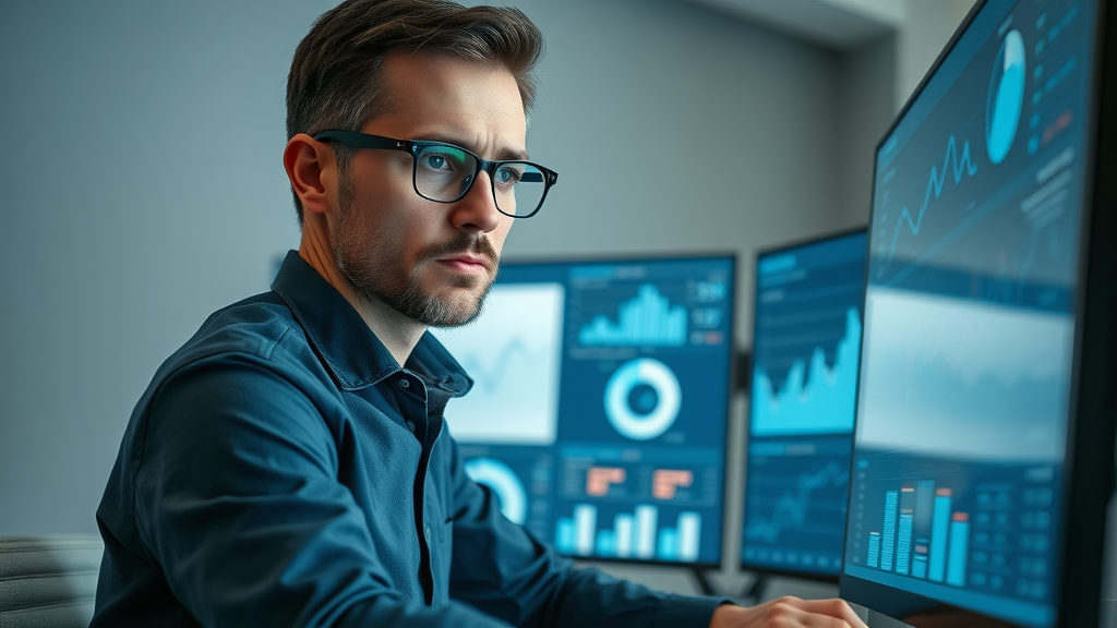 Analytical small business owner tracking marketing performance and ROI for digital marketing solutions