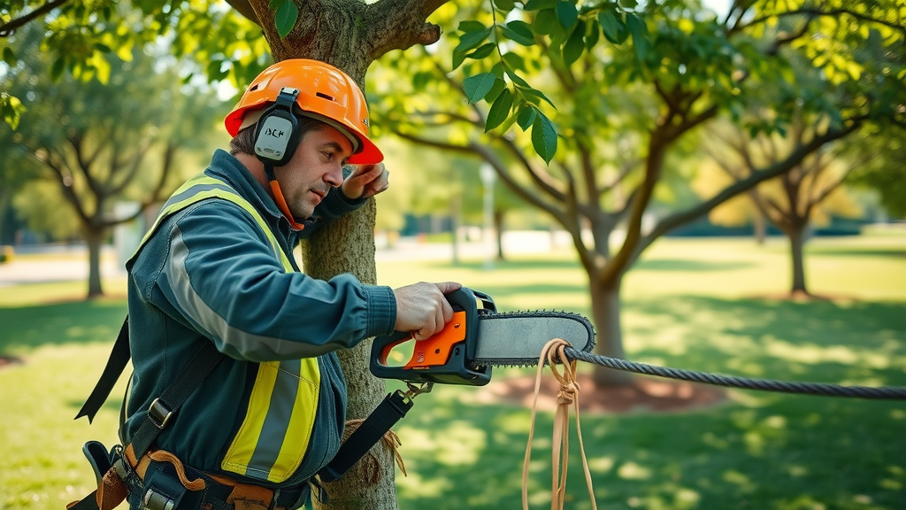 Professional tree pruning expert trims urban tree for healthy growth