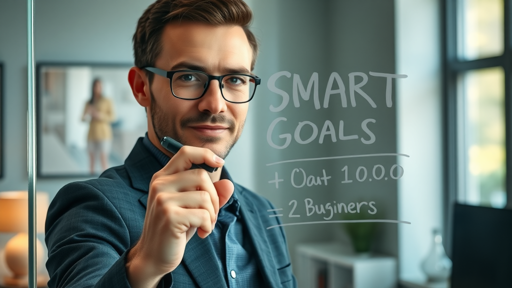 Motivated small business owner writing SMART goals for content marketing strategy, cozy modern office, high fidelity