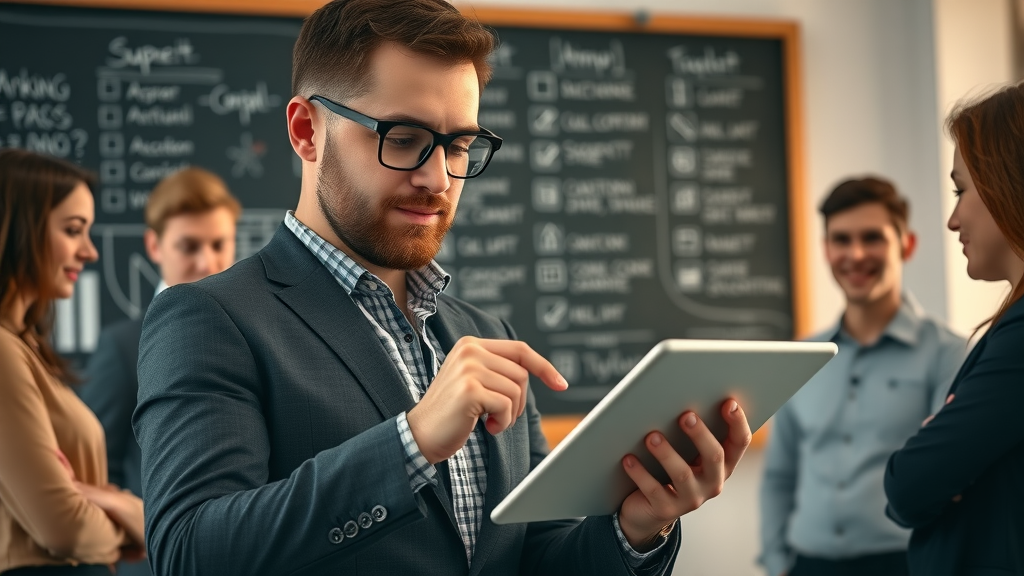 business leader checking digital checklist, affordable cmo services, startup team, glowing icons