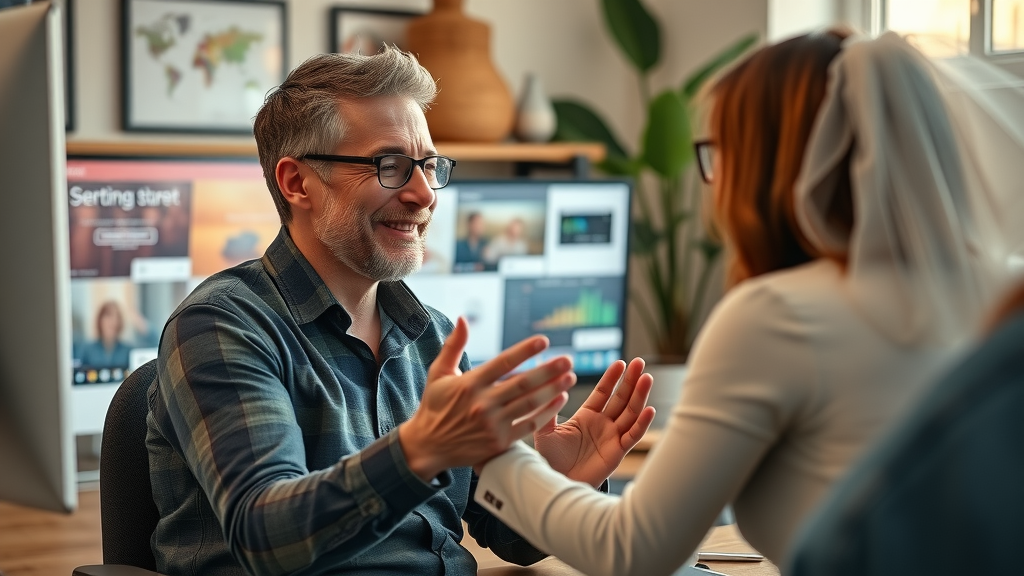 empathetic content marketer connecting with audience, balancing human touch with digital tools, future of content marketing trends