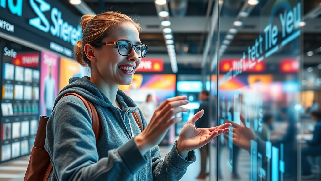 Customer engaging with augmented reality marketing trend in retail, interacting with virtual product displays in a futuristic setting