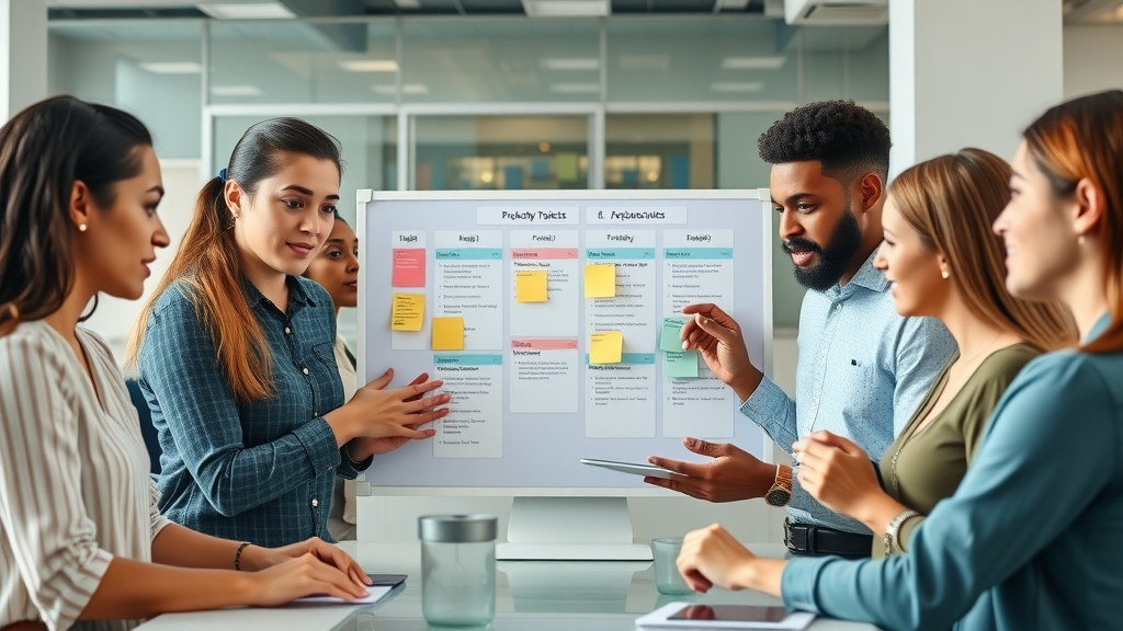 Diverse marketing team collaborating with content management tools and digital project boards