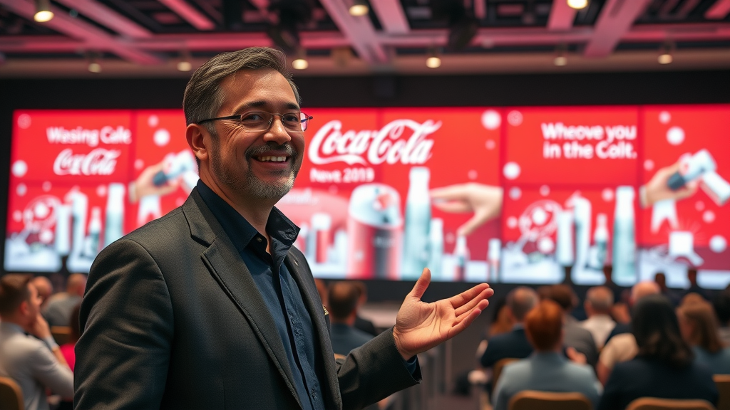 creative director presenting Coca-Cola AI marketing campaign results to engage the digital market