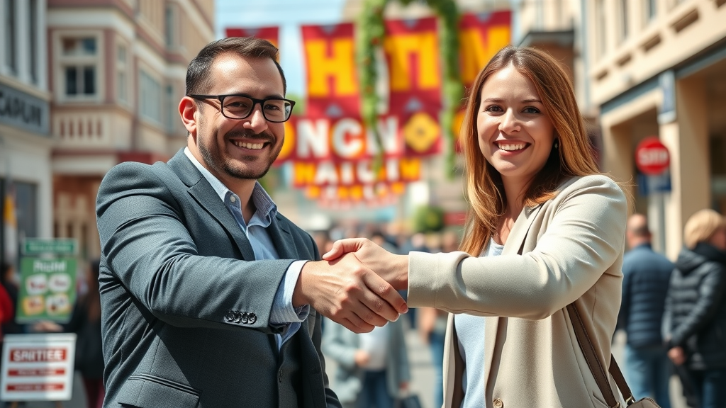 business partners celebrating partnership at town event, advertising locally for free