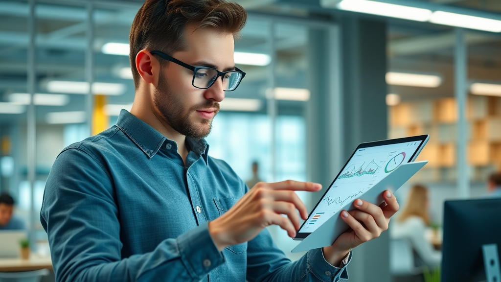 digital marketer analyzing trend graphs for content marketing strategies on tablet with infographics and charts