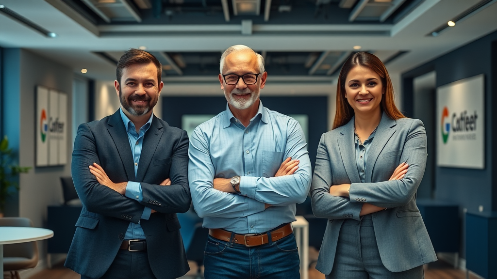 three marketing professionals representing full-time, fractional, and consultant CMO service models, visually comparing pricing and roles