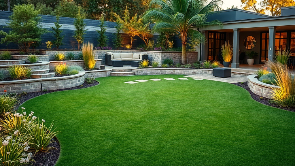 Modern custom landscape design backyard with artistic walkways and lush gardens