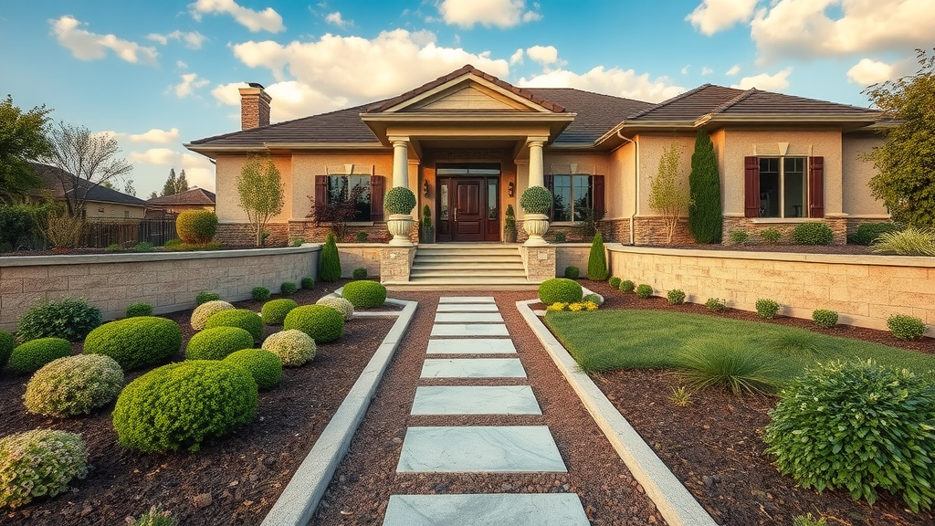 Curb appeal from custom landscape design with elegant garden beds and pathways