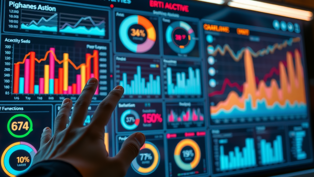 interactive KPI dashboard for strategic marketing planning, colorful metrics and graphs for monitoring performance