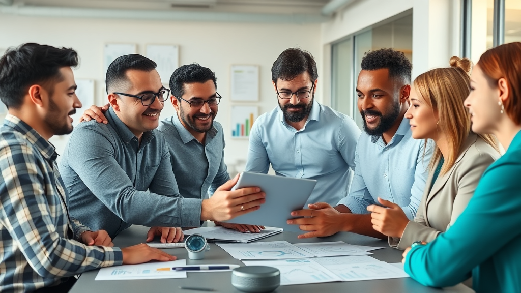AI and content marketing consultant for small businesses in office strategy meeting with technology, graphs, diverse owners, confident teamwork