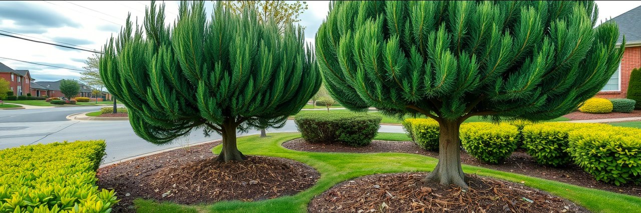 Professional tree pruning in a suburban neighborhood, freshly trimmed branches and mulch.