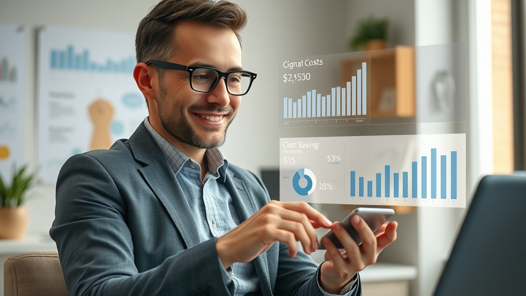 small business owner reviewing cost savings from chatbot builder platform with digital financial graphs