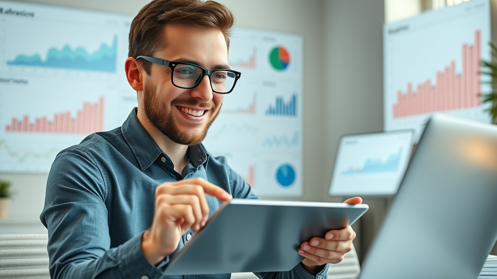 Analytical digital marketer reviewing email marketing campaign performance dashboards with key metrics and revenue charts