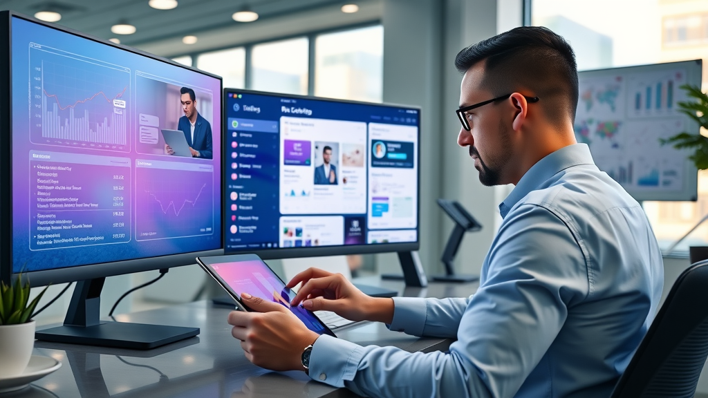AI content marketing tools on vibrant screens, marketer multitasking, digital content strategy boards