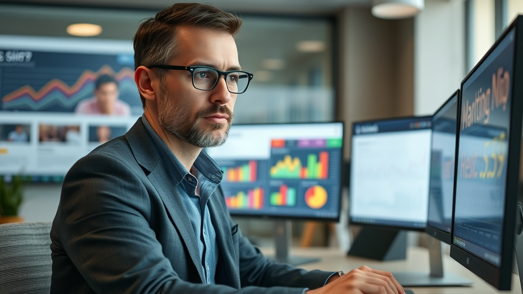 small business owner reviewing AI-powered marketing analytics dashboard