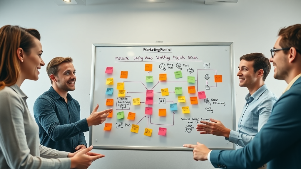 modern small business team mapping marketing funnel flow with AI icons