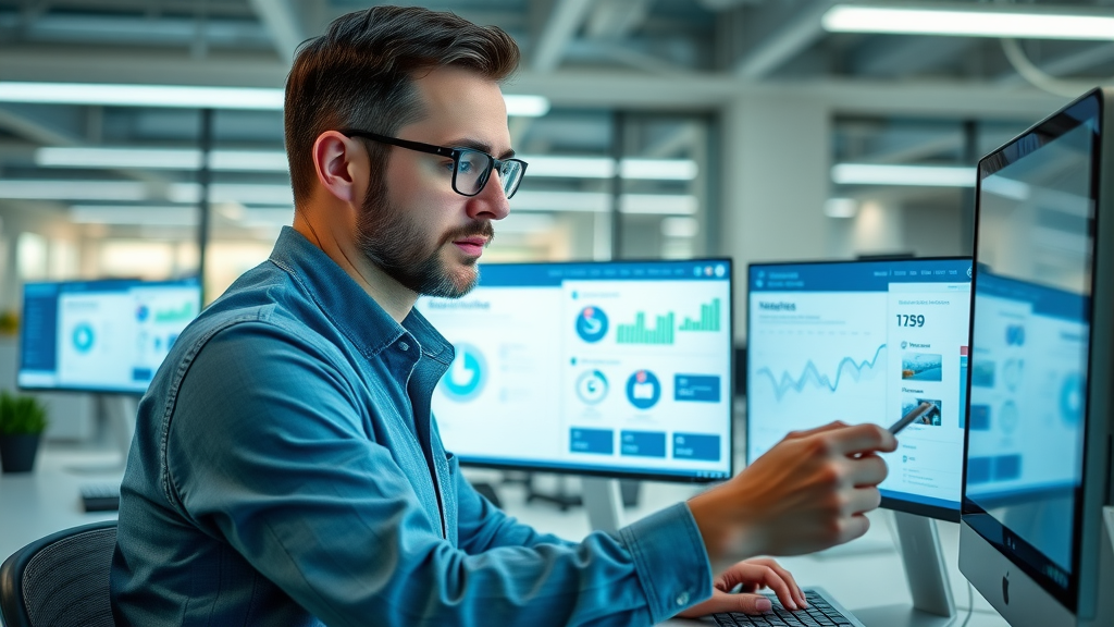 Marketer using social media management tools dashboard for scheduling posts and analyzing engagement statistics