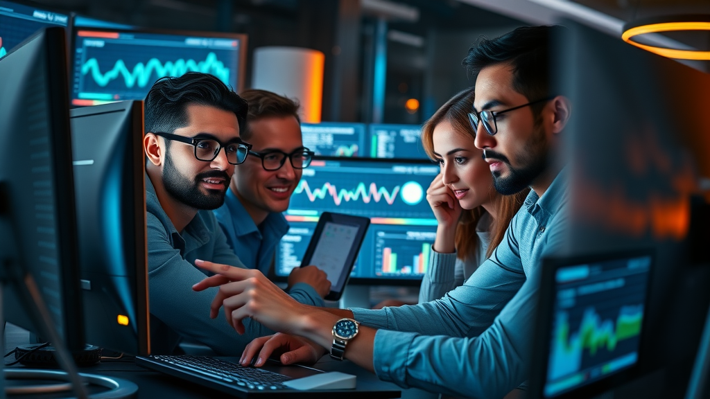 digital marketing team analyzing data with outsourced CMO, high-tech office environment