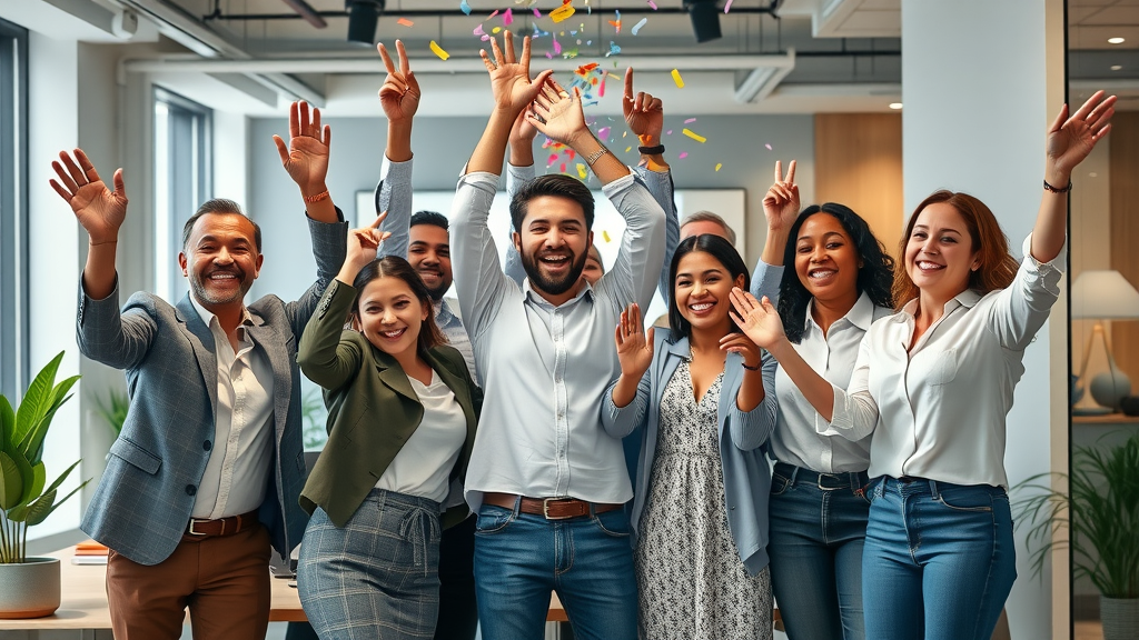 Diverse small business team celebrating success after marketing automation results