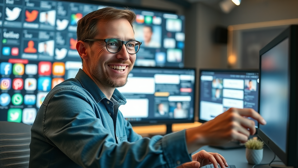 Creative marketer seamlessly managing social media and email marketing campaign interfaces across multiple screens