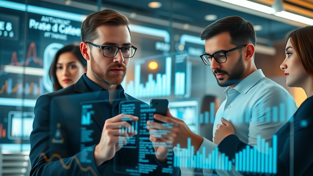 Futuristic marketing team collaborating with advanced machine learning data visualization displays in a high-tech office, highlighting the impact of machine learning in marketing