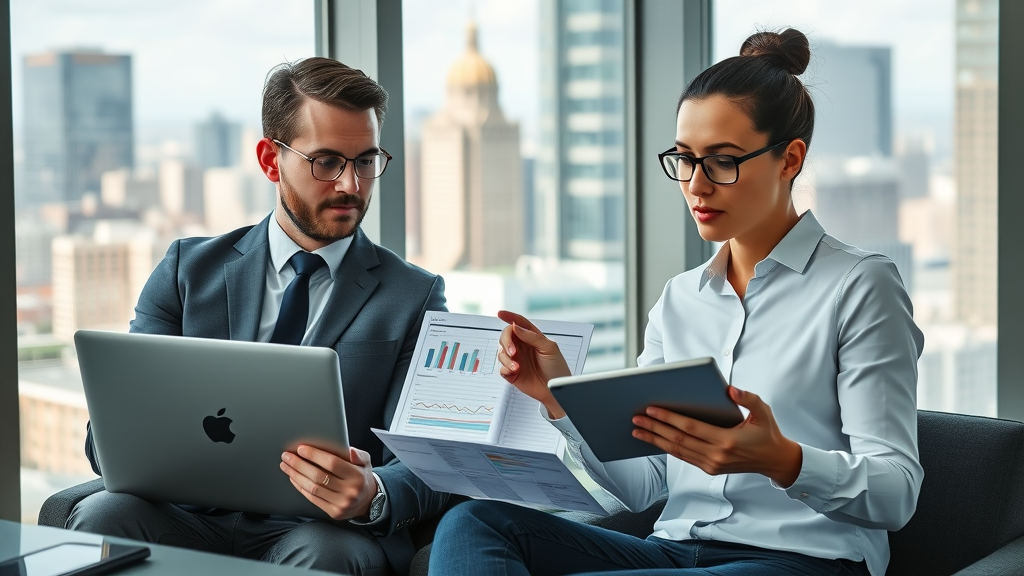 Business pros comparing digital marketing solutions for small business owners on laptops with comparison charts