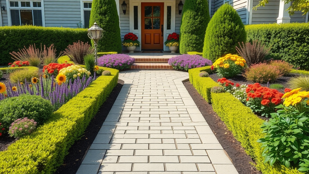 Landscaping for curb appeal with walkway, fresh flower beds, and lush greenery