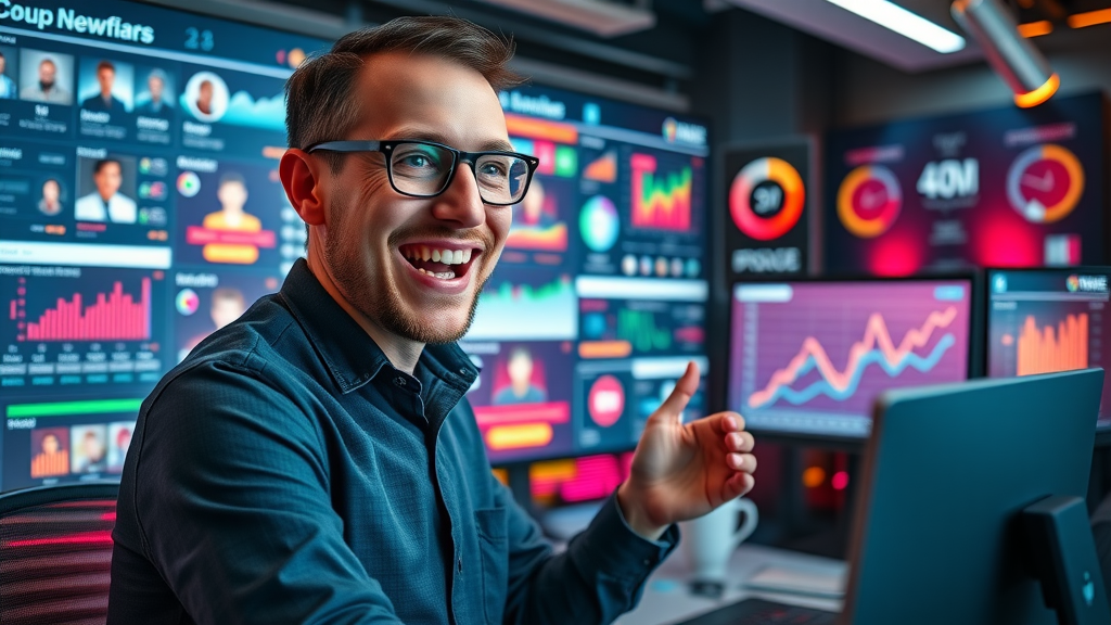 Dynamic social media dashboard with AI-powered engagement stats, social media strategy, futuristic workspace
