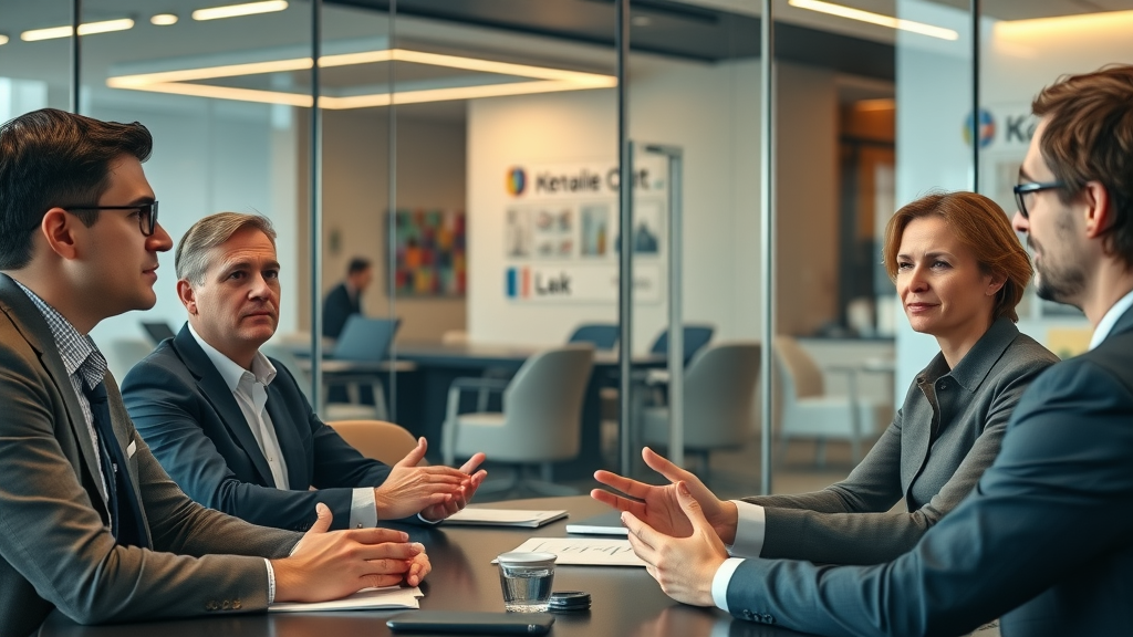 business decision makers interviewing outsourced CMO candidate in boardroom, modern branding, glass-walled office