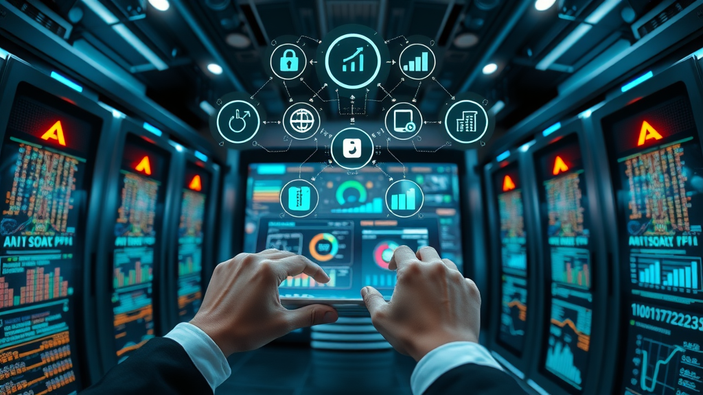 Professional digital dashboard for ai tools integration in small business marketing, managing workflow, futuristic technology, efficiency boost