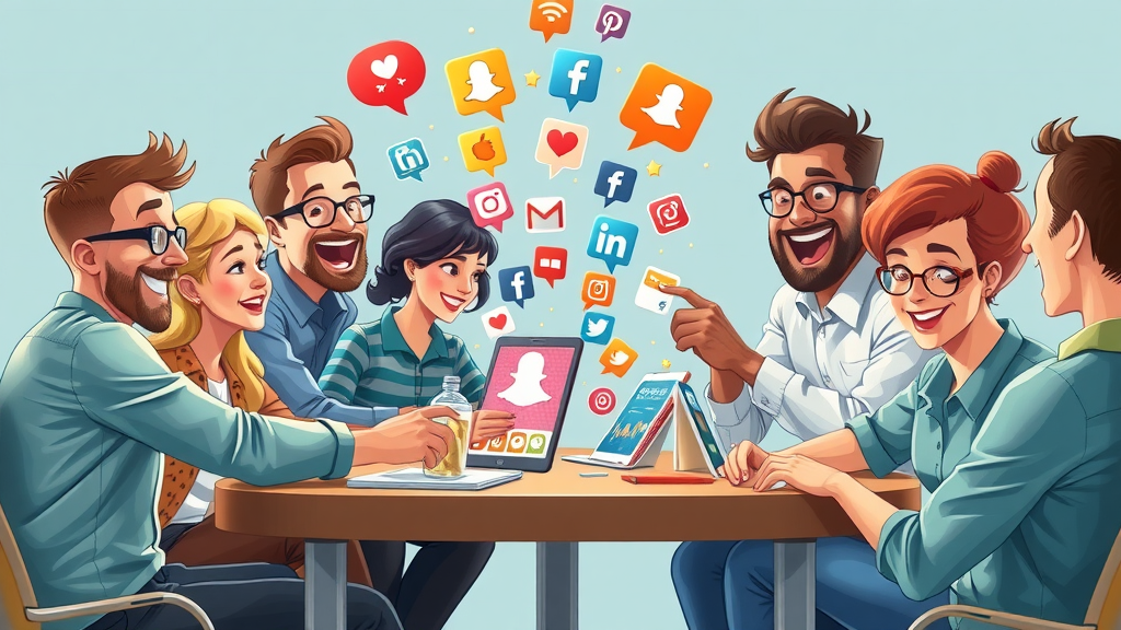 Marketing coaching team brainstorming social media content, digital marketing coaching, creative teamwork, floating social media icons