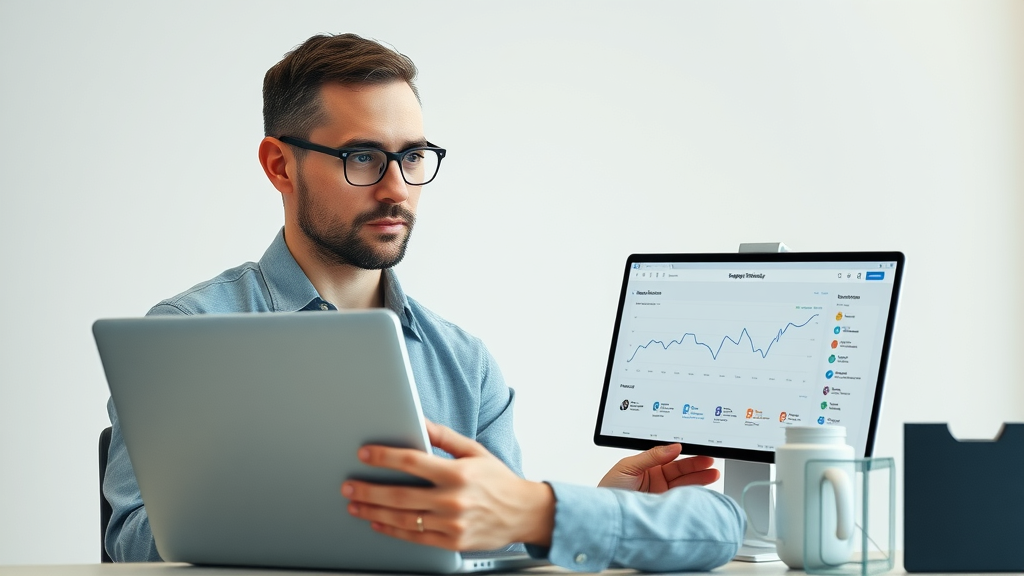 business strategist comparing online marketing tools dashboards