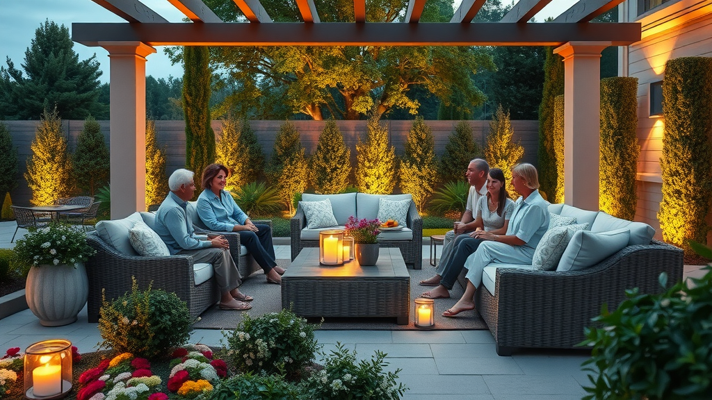 Custom landscape design hosts family gathering on a stylish backyard patio