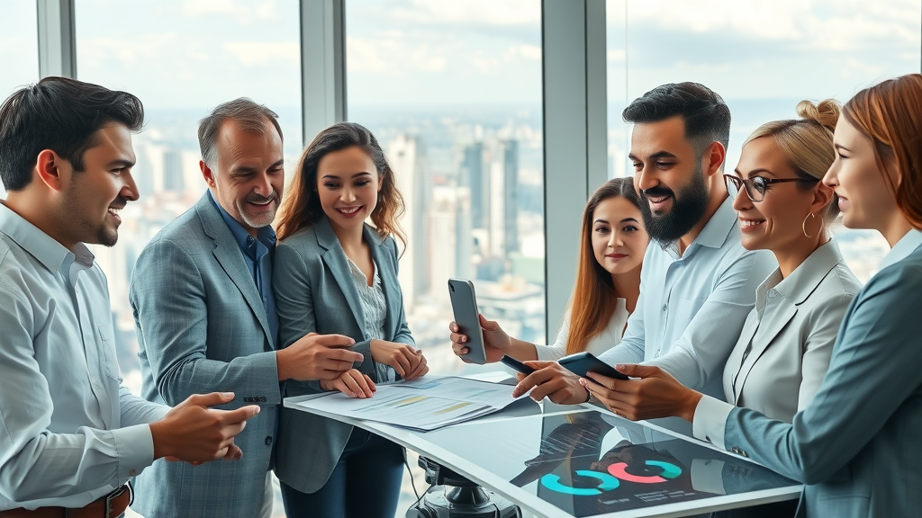 Forward-thinking digital marketers collaborating with futuristic tech and devices, planning digital marketing trends for 2025 with cityscape background